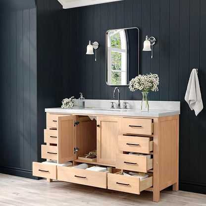 ARIEL Cambridge 60-inch Bathroom Vanity with Sink,Solid Wood, 1.5-inch Italian Carrara Marble Countertop, Single Rectangular Porcelain Sink, 2 Soft Closing Doors, 9 Dovetail Drawers, White Oak