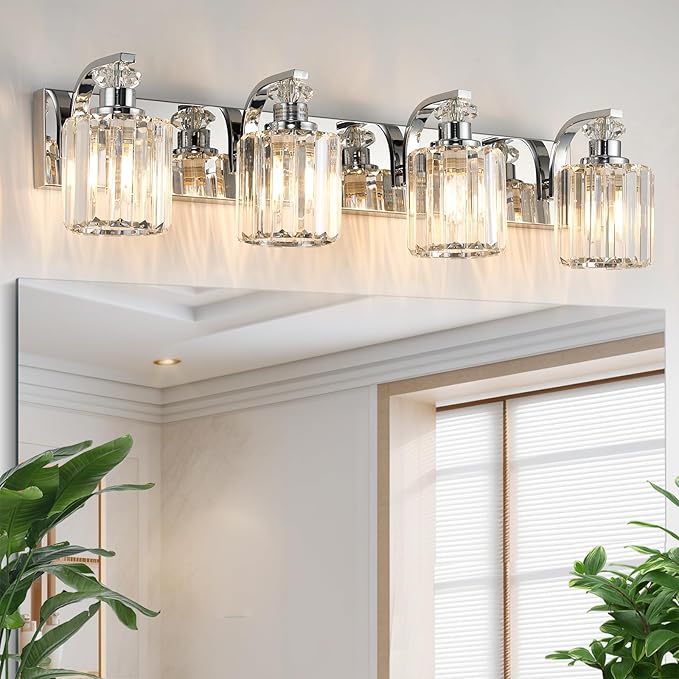 Chrome Bathroom Light Fixtures with K9 Crystal Lampshade Bathroom Lighting Over Mirror Vanity Lights for Living Room,Bedroom,Restroom,Hallway 4 Lights