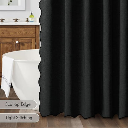 MIULEE 72"x96" Extra Long Scalloped Linen Shower Curtain Black | Linen Textured, Waterproof, Washable, 12 Metal Hooks, Heavy Duty Cloth, Black Border, Shower Curtain for Bathroom Bathtub