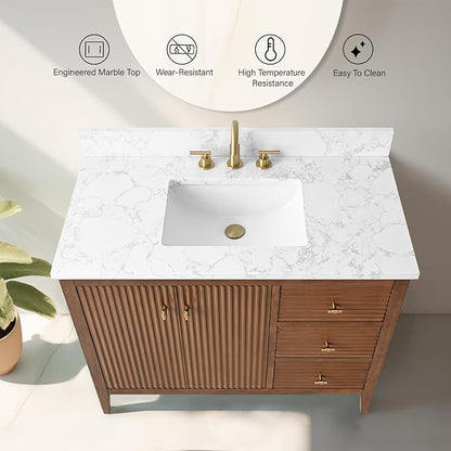 Vanity Art 42 inch Walnut Bathroom Vanity with Single Sink & Ceramic Top, Vanity Cabinet with Soft-Closing Door, Solid Wood Frame, Linear Pattern, Walnut, VA9142-Walnut-MB,Matte Black Handles