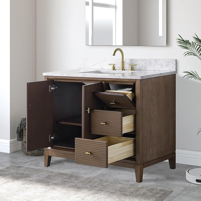 Vanity Art 42" Bathroom Vanity with Single Sink & Arabescato White Engineered Stone Top, Vanity Cabinet with Soft Closing Door, Solid Wood Frame, Golden Brushed Handles, Walnut VA8142-Walnut-GB