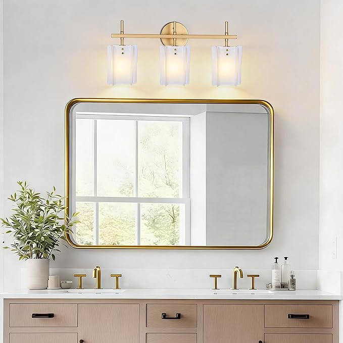 3-Light Milk Glass Bathroom Vanity Light, Gold Bathroom Light Fixture Over Mirror, Modern Vintage Vanity Lights for Bathroom, Mirror Cabinets, Powder Room, Living Room, 23.6" L
