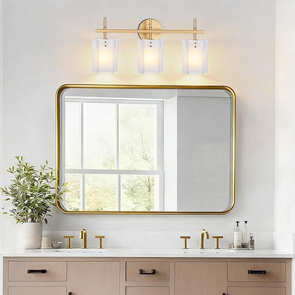 3-Light Milk Glass Bathroom Vanity Light, Gold Bathroom Light Fixture Over Mirror, Modern Vintage Vanity Lights for Bathroom, Mirror Cabinets, Powder Room, Living Room, 23.6" L