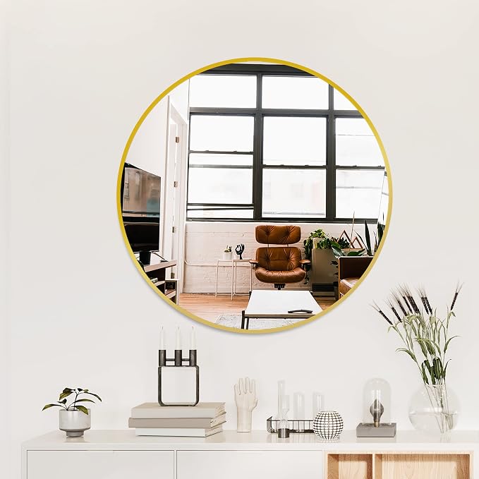26 Inch Gold Round Circle Mirror for Bathroom Wall, Metal Frame | HD tempered glass for clear, distortion-free reflection. Mounting hardware included for vertical or horizontal wall mount.