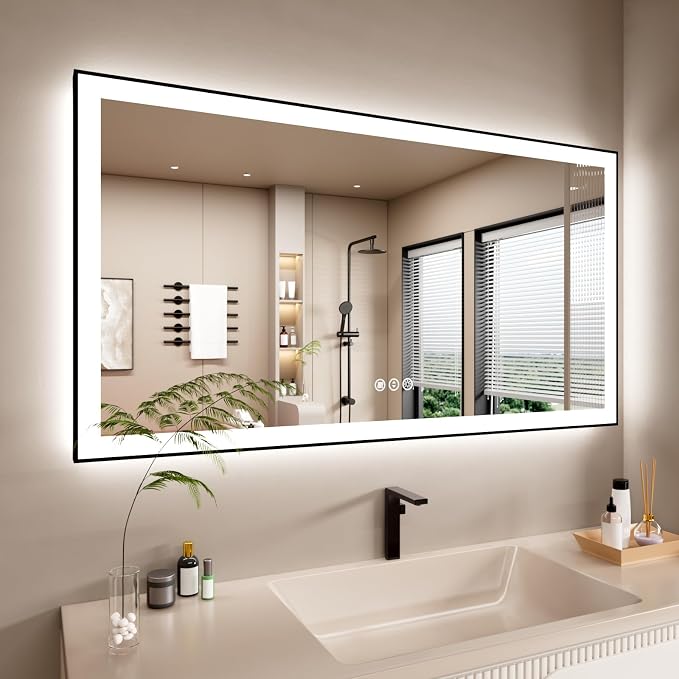 55x30 Inch LED Bathroom Mirror with Black Frame | Black Metal Frame, Front and Backlit, 3 Colors, Dimmable, Memory, Anti Fog, Tempered Glass, Lighted Mirror for Wall