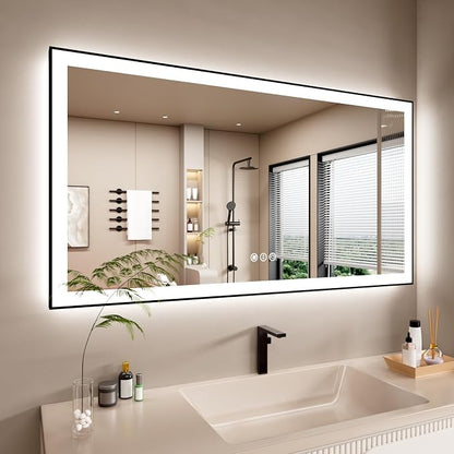 55x30 Inch LED Bathroom Mirror with Black Frame | Black Metal Frame, Front and Backlit, 3 Colors, Dimmable, Memory, Anti Fog, Tempered Glass, Lighted Mirror for Wall