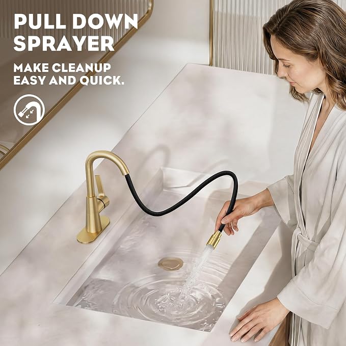 Brushed Gold Tall Bathroom Sink Faucet with Pull Down Sprayer, High Arc Single Handle Pull Out Faucet with Pop-Up Drain, 1 or 3 Hole Laundry Bar Basin Faucet with Deck Plate,WE10CL-ZY-BG