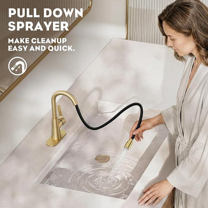 Brushed Gold Tall Bathroom Sink Faucet with Pull Down Sprayer, High Arc Single Handle Pull Out Faucet with Pop-Up Drain, 1 or 3 Hole Laundry Bar Basin Faucet with Deck Plate,WE10CL-ZY-BG