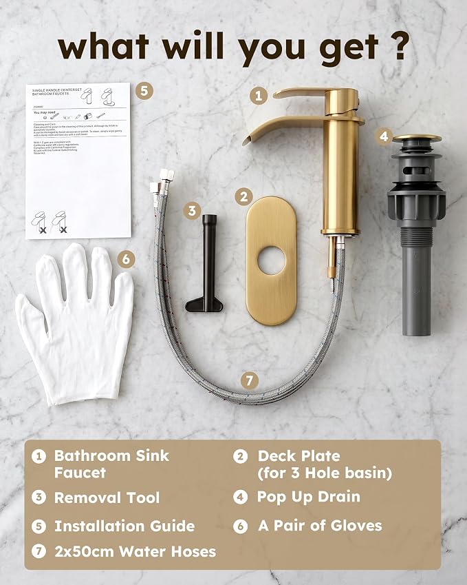 WOWOW Waterfall Bathroom Faucet, Gold Bathroom Sink Faucet for 1 Hole or 3 Holes, Single Handle Vanity with Metal Pop up Drain, Stainless Steel Basin Sink Faucet Tap for RV Lavatory