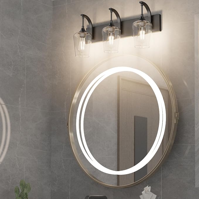 Ralbay Matte Black Vanity Light Fixtures 3-Lights Industrial Black Bathroom Vanity Light with Clear Glass Vintage Edison Bathroom Wall Lighting Fixtures
