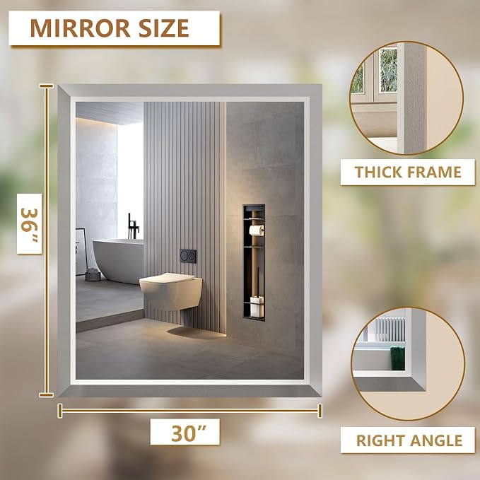 SMIROR 36x30 Brushed Silver Bathroom Vanity Mirror for Over Sink | Metal Wide Frame, Rectangle, Right- Angle Corner, Anti-Rust, Horizontally or Vertically Wall- Mounted for Home Remodel
