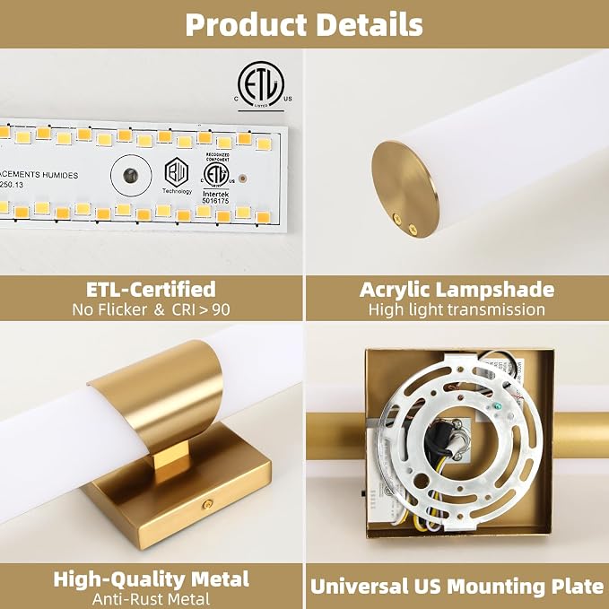 39" Gold Bathroom Vanity Lights, Wall Sconce with Acrylic Shade | Modern Wall Light for Bathroom Bedroom Living Room Hallway