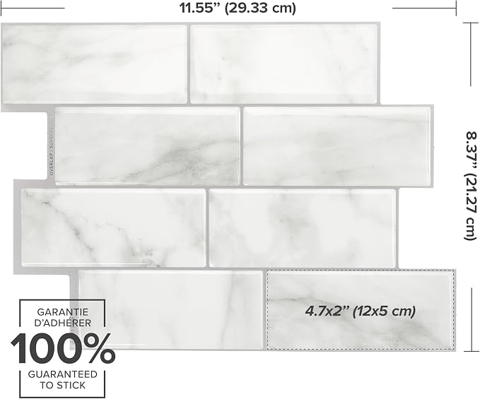Smart Tiles Peel and Stick backsplash, Subway Carrara Marble, 11.55"x8.38" | Pack of 5 (2.8 sq ft), Glossy, Heat/Moisture Resistant, Low VOC, Kitchen/Bathroom, Renter Friendly, Made in Canada