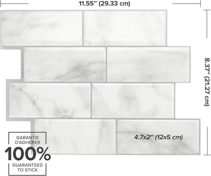 Smart Tiles Peel and Stick backsplash, Subway Carrara Marble, 11.55"x8.38" | Pack of 5 (2.8 sq ft), Glossy, Heat/Moisture Resistant, Low VOC, Kitchen/Bathroom, Renter Friendly, Made in Canada