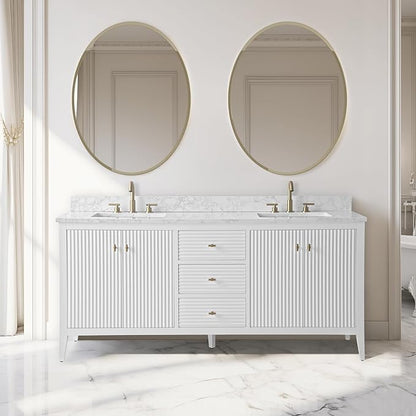 Vanity Art 72 inch Bathroom Vanity with Double Sink & Ceramic Top, Vanity Cabinet with Soft-Closing Door, Solid Wood Frame, Linear Pattern, White, Golden Brushed Handware VA91726-DW-GB