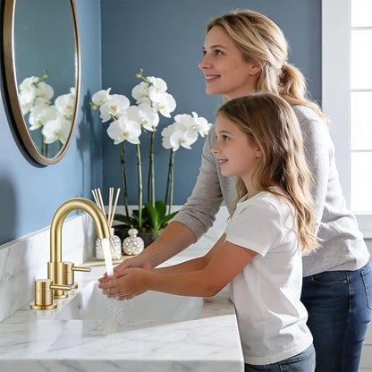 FGKQ Bathroom Faucet for Sink 3 Hole Brushed Glod, Bathroom Sink Faucet with Pop Up Drain, 8 Inch Widespread Vanity 3 Hole, 360° Swivel Two Handle with Supply Lines