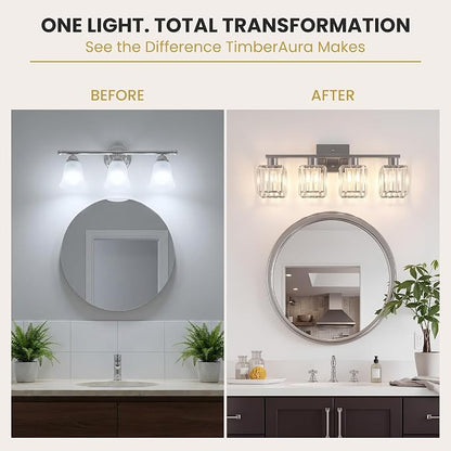 Crystal Bathroom Light Fixtures, 4-Light Brushed Nickel, Vanity Lights for Bathroom Over Mirror, Modern Bath Wall Sconce for Mirror Bedroom Living Room