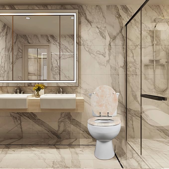 Angel Shield Marble Toilet Seat Durable Molded Wood with Quiet Close, Easy Clean, Quick-Release Hinges(Elongated, Beige Marble)