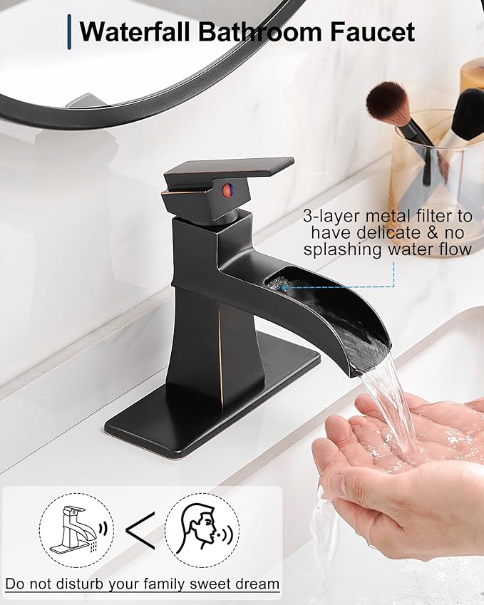 Brass Bathroom Waterfall Faucet, Oil Rubbed Bronze Bathroom Faucet 1 Hole or 3 Holes (4 Inch), Single Handle with Deck Plate, Pop-Up Drain & Water Hoses for RV Vanity Farmhouse, 5 Mins Install