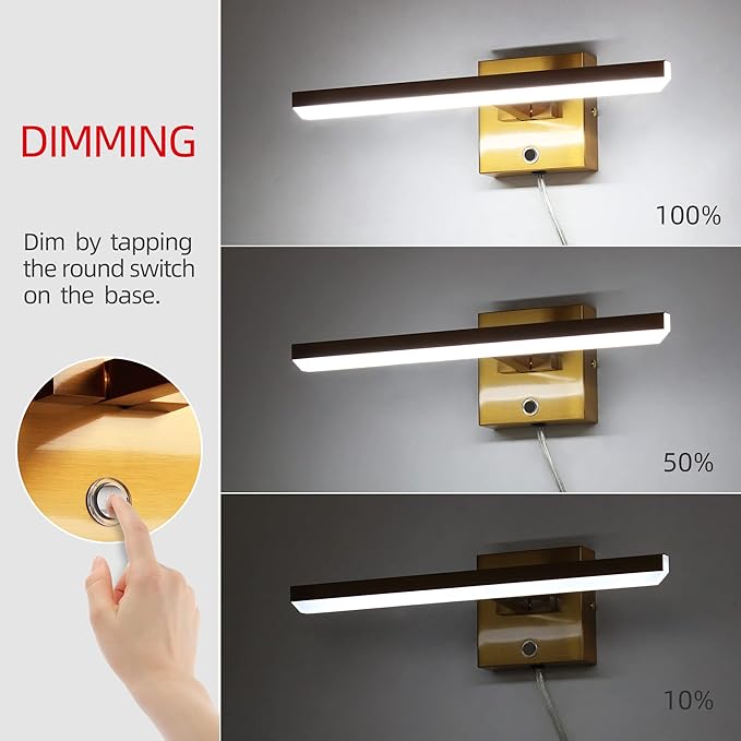 MantoLite Bathroom Lighting Fixtures Over Mirror,Plug in LED Picture Lights for Wall Dimmable Bathroom Vanity Light 15inch Cabinet Wall Sconces with Ajustable Arm Bedside Reading Lamp,Brass,6000K 8W