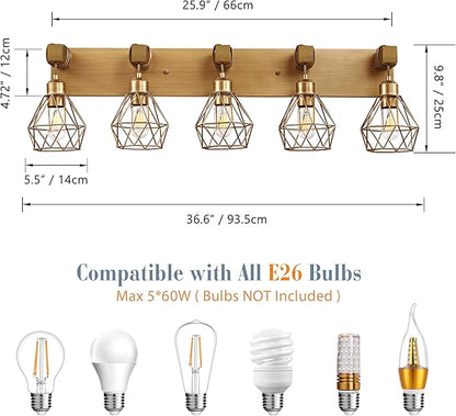 Farmhouse Bathroom Light Fixtures, 5-Light Gold Bathroom Vanity Light, Rustic Matte Antique Brass Finish with Metal Lampshade, Wall Sconces for Bedroom, Living Room, Hallway