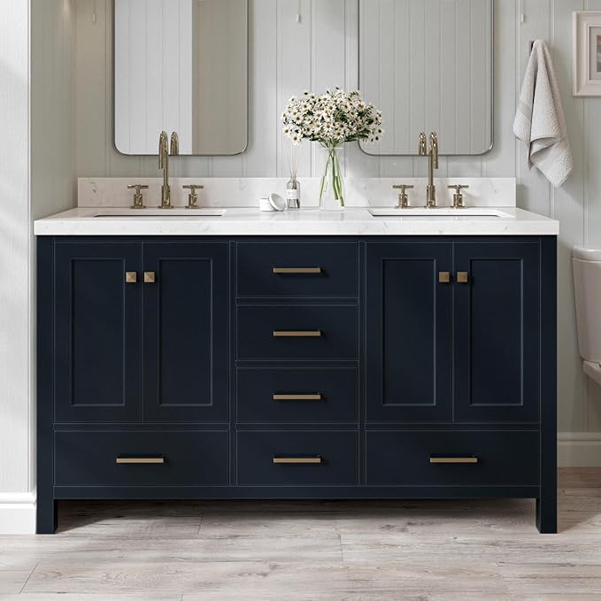 ARIEL Cambridge 60-inch Bathroom Vanity with Sink,Solid Wood, 1.5-inch Carrara White Quartz Countertop, Double Rectangular Porcelain Sink, 4 Soft Closing Doors, 6 Dovetail Drawers, Midnight Blue