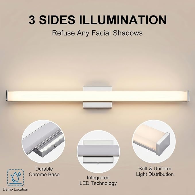 URSOLA 48" Modern LED Bathroom Light Fixtures, Chrome 3CCT Dimmable Bathroom Vanity Light Over Mirror, Bathroom Vanity Bath Bar Lights with Double Layer Acrylic Shade