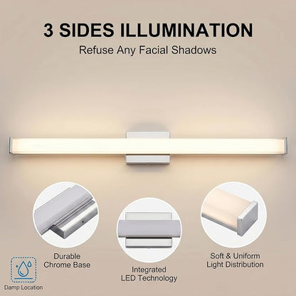 URSOLA 48" Modern LED Bathroom Light Fixtures, Chrome 3CCT Dimmable Bathroom Vanity Light Over Mirror, Bathroom Vanity Bath Bar Lights with Double Layer Acrylic Shade