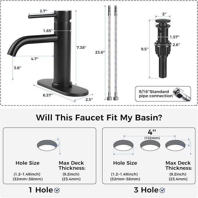 Bathroom Sink 1 Hole Single Handle Lever Faucets Stainless Steel | Pop Up Drain,Deck Plate,Flexible Hoses,1 or 3 Hole,Modern,for Vanity RV Bath Basin Wash Room Restroom Home,Matte Black