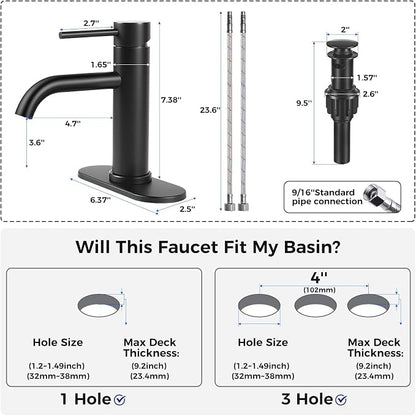 Bathroom Sink 1 Hole Single Handle Lever Faucets Stainless Steel | Pop Up Drain,Deck Plate,Flexible Hoses,1 or 3 Hole,Modern,for Vanity RV Bath Basin Wash Room Restroom Home,Matte Black