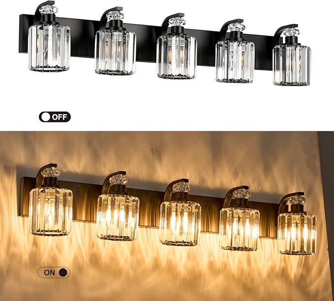 Black Bathroom Light Fixtures with K9 Crystal Lampshade Bathroom Lighting Over Mirror Vanity Lights for Living Room,Bedroom,Restroom,Hallway 5 Lights