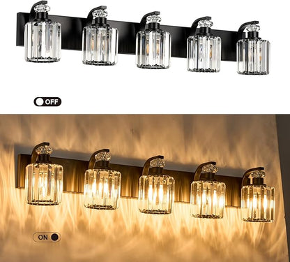Black Bathroom Light Fixtures with K9 Crystal Lampshade Bathroom Lighting Over Mirror Vanity Lights for Living Room,Bedroom,Restroom,Hallway 5 Lights
