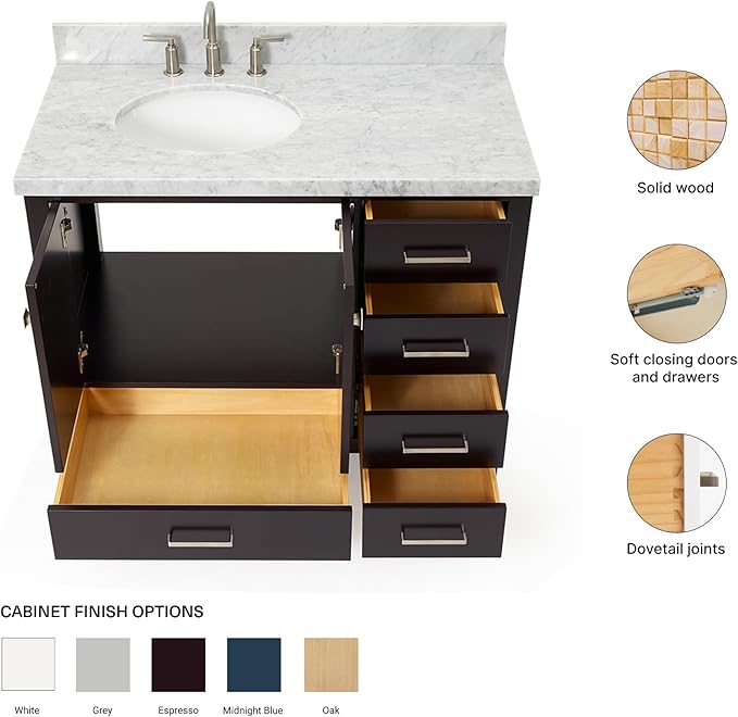 ARIEL Cambridge 42-inch Bathroom Vanity with Sink,Solid Wood, 1.5-inch Italian Carrara Marble Countertop & Backsplash, Single Oval Porcelain Sink, 2 Soft Closing Doors, 5 Dovetail Drawers, Espresso