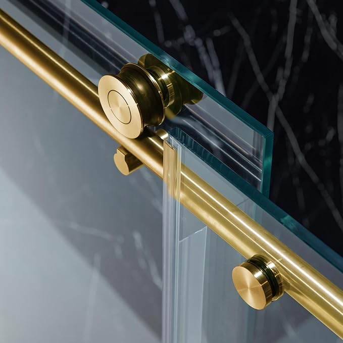 Woodbridge Frameless Sliding Shower Doors with Soft Close System, 57.5-60" Width x 76" Height with 3/8"(10mm) Clear Tempered Glass in Brushed Gold Finish, BSDC6076-BG