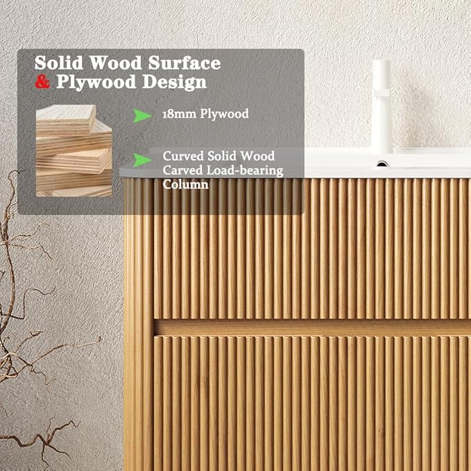 24" Floating Bathroom Vanity with Sink, Wall Mounted Modern Bathroom Cabinet with 2 Soft Close Drawers, Oak & Plywood, Pre-Assembled with Integrated Ceramic Basin – Bruges, Natural Wood