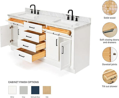 ARIEL Hepburn 72-inch Bathroom Vanity with Sink,Solid Wood, 1.5-inch Italian Carrara Marble Countertop, Double Rectangular Porcelain Sink, 4 Soft Closing Doors, 6 Dovetail Drawers, White