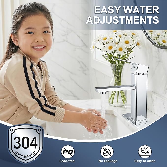 Chrome Bathroom Faucet with Pop-Up Drain | Single Handle Bathroom Sink Faucet with Deck Plate, Suitable for RV, Farmhouse, Vanity Sinks, 1 or 3 Hole Installation