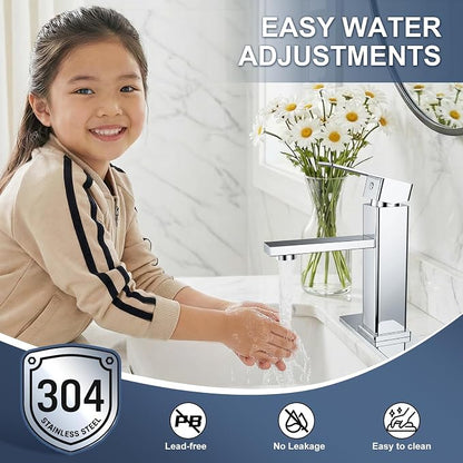 Chrome Bathroom Faucet with Pop-Up Drain | Single Handle Bathroom Sink Faucet with Deck Plate, Suitable for RV, Farmhouse, Vanity Sinks, 1 or 3 Hole Installation
