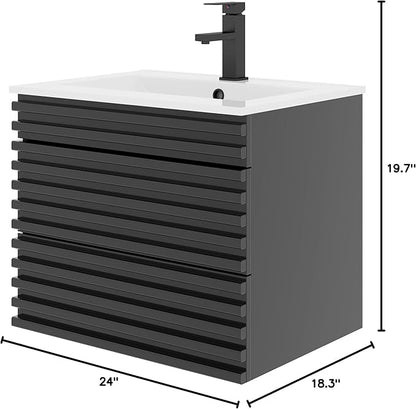 LUCKWIND 24" Floating Bathroom Vanity with Sink, Mid-Century Wall Mounted Big Drawer Cabinet with Ceramic Sink, Water Saving Faucet and Wood Stripes Style, Black
