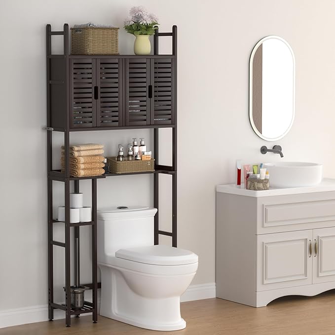 Over The Toilet Storage Cabinet: Bamboo Bathroom Organizer with Paper Holder Stand - Toilet Shelf No-Drill Installation Waterproof Feet - Left/Right Side Mount Space Saver Rack