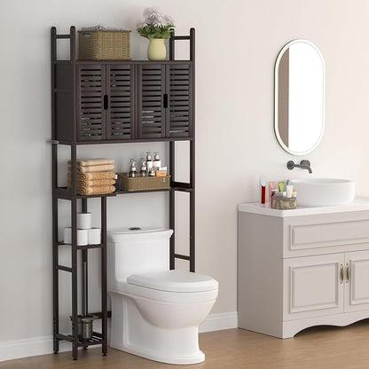 Over The Toilet Storage Cabinet: Bamboo Bathroom Organizer with Paper Holder Stand - Toilet Shelf No-Drill Installation Waterproof Feet - Left/Right Side Mount Space Saver Rack