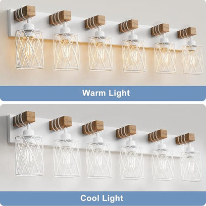 IZORRO Farmhouse Bathroom Vanity Light, 6-Light Wood Bathroom Light Fixtures Over Mirror, Matte White Industrial Vanity Lights with Metal Shade, Rustic Restroom Lighting Fixtures