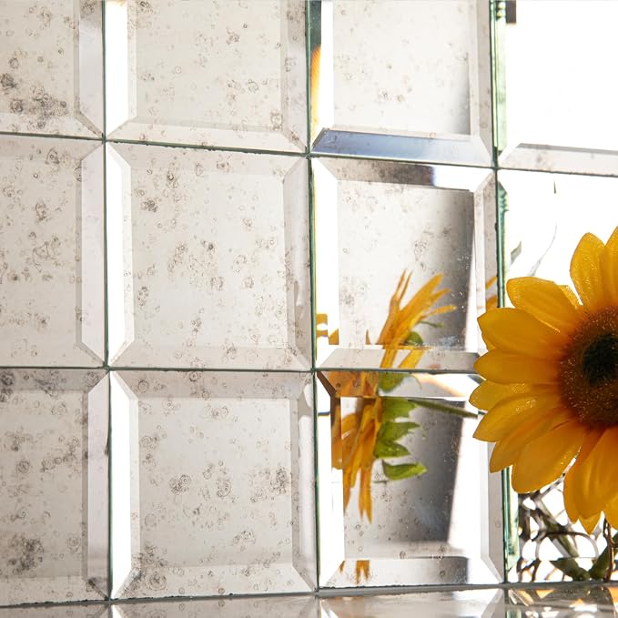 Peel and Stick Mirror Backsplash, Light Antique, 3x3 Inch, Beveled Mirror Square Kitchen Bar Wall Tile (2 Sq.ft, 32 Pcs)