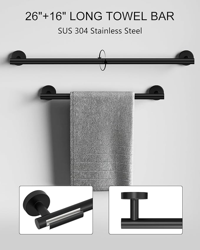 Matte Black Bathroom Hardware Accessories Set 12 Pieces 26" SUS 304 Stainless Steel Bath Towel Holder Bar Set Towel Rack Combination Wall Mounted for Kitchen, Laundry, Bedroom