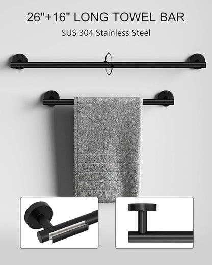 Matte Black Bathroom Hardware Accessories Set 12 Pieces 26" SUS 304 Stainless Steel Bath Towel Holder Bar Set Towel Rack Combination Wall Mounted for Kitchen, Laundry, Bedroom
