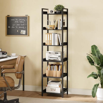 Rolanstar Bookshelf, 6-Tier Storage Rack, Narrow Corner Bookshelf, Display Wooden Shelves for Living Room, Bathroom, Balcony, Kitchen,Black