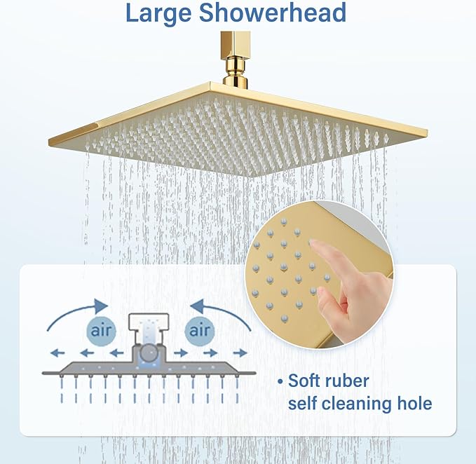 Polished Gold Shower System 12 Inch LED Square Rainfall Shower Head Ceiling Mount Shower Faucet Set with Hand Sprayer Rough-in Valve Trim Kit Bathroom Mixer Shower Combo Set