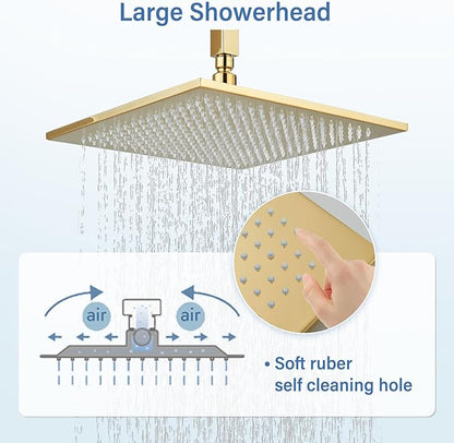 Polished Gold Shower System 12 Inch LED Square Rainfall Shower Head Ceiling Mount Shower Faucet Set with Hand Sprayer Rough-in Valve Trim Kit Bathroom Mixer Shower Combo Set