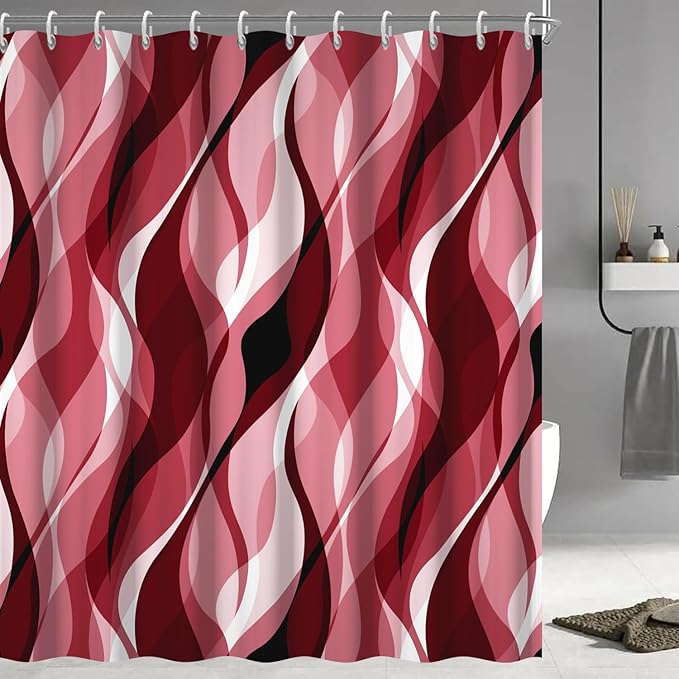 Red Shower Curtain, Modern Abstract Ombre Red Striped Shower Curtain Set for Bathroom Waterproof Shower Curtain with Hooks, 72x96 Inch