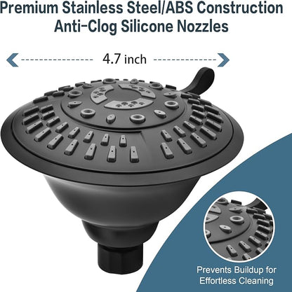 BRIGHT SHOWERS High Pressure Rain Shower Head, Fixed Shower Head with 5 Spray Settings, Adjustable Angle and Anti-Clog Nozzles, Matte Black
